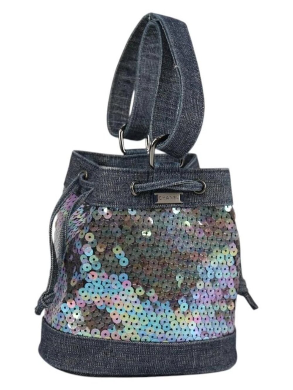 CHANEL Sequin Hand Bag Denim Blue CC Auth 139014SAV